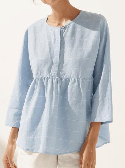 Women's Casual Checked Linen Classic Round Neck Button-Down Shirt