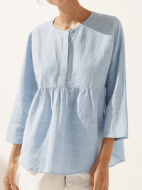 Women's Casual Checked Linen Classic Round Neck Button-Down Shirt