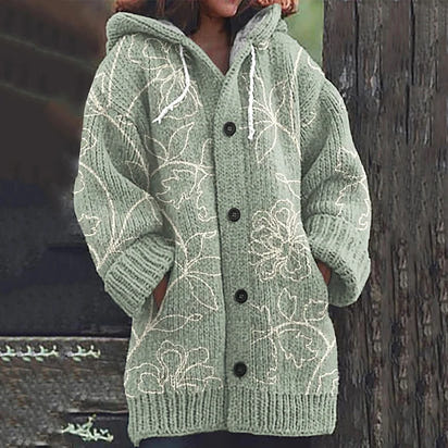 Vintage Flowers Print Knitted Hooded Cardigan