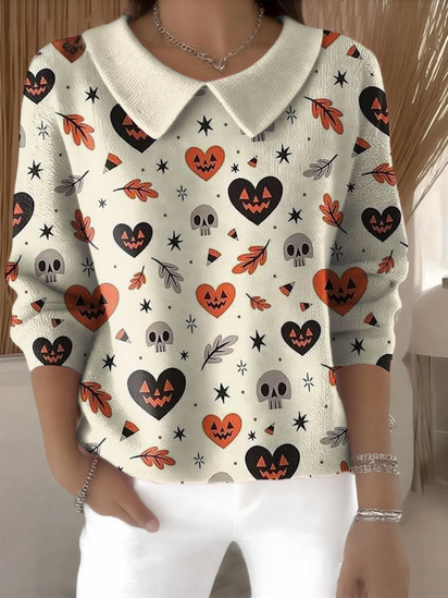 Women's Halloween Casual Print Peter Pan Collar 3/4 Sleeve Sweater
