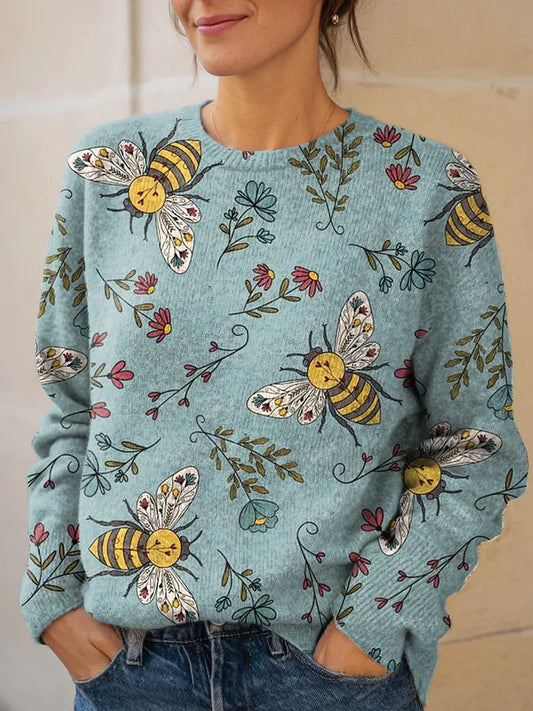 Women's Lovely Bees Floral Art Print Knit Pullover Sweater