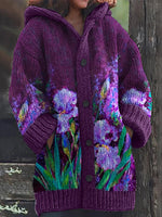 Classy Purple Irises Art Cozy Hooded Cardigan