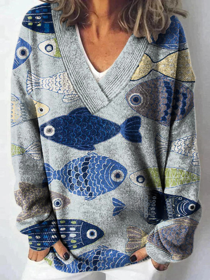 Lovely Fish Art Print Knit V-neck Pullover Sweater