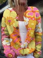 Retro Style Groovy Floral Pattern Print Buttoned Cardigan Sweater
