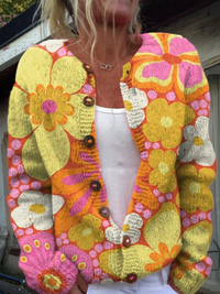 Retro Style Groovy Floral Pattern Print Buttoned Cardigan Sweater