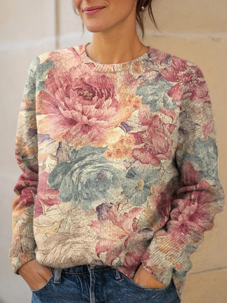 Women's Vintage Artistic Floral Print Knit Pullover Sweater