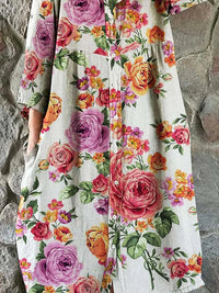 Women's Elegant Vintage Floral Print Shirt Style Cotton and Linen Dress