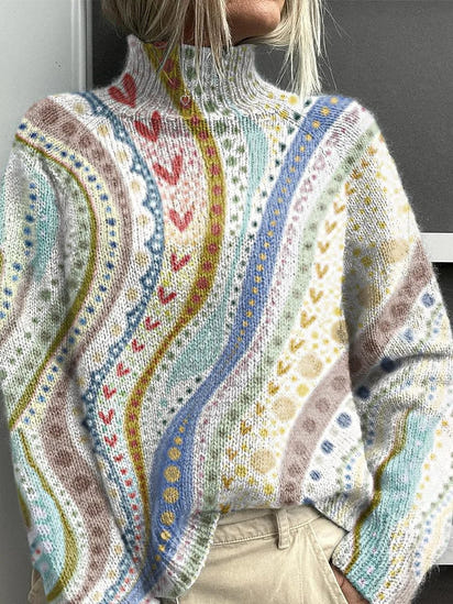 Women's Love Heart Floral Stripe Pattern Art Print Knitted Turtleneck Pullover Sweater