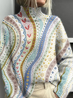 Women's Love Heart Floral Stripe Pattern Art Print Knitted Turtleneck Pullover Sweater