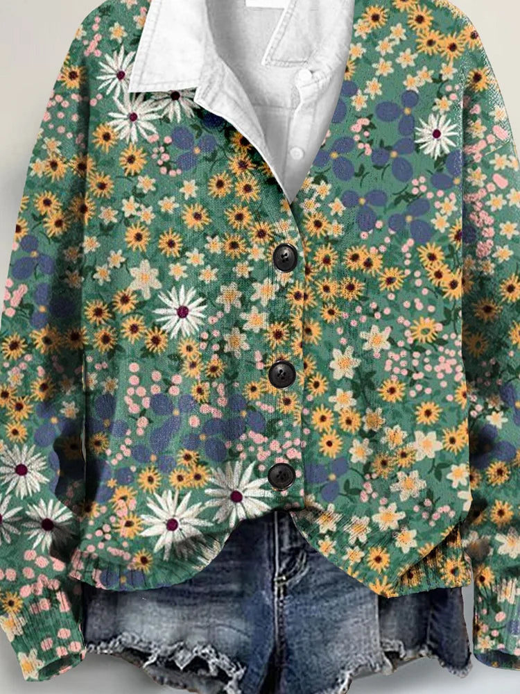 Nature Lover Wild Floral Art Print Buttoned V-neck Cardigan Sweater
