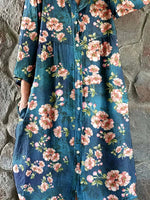 Women's Elegant Rose Floral Print Shirt Style Cotton and Linen Dress
