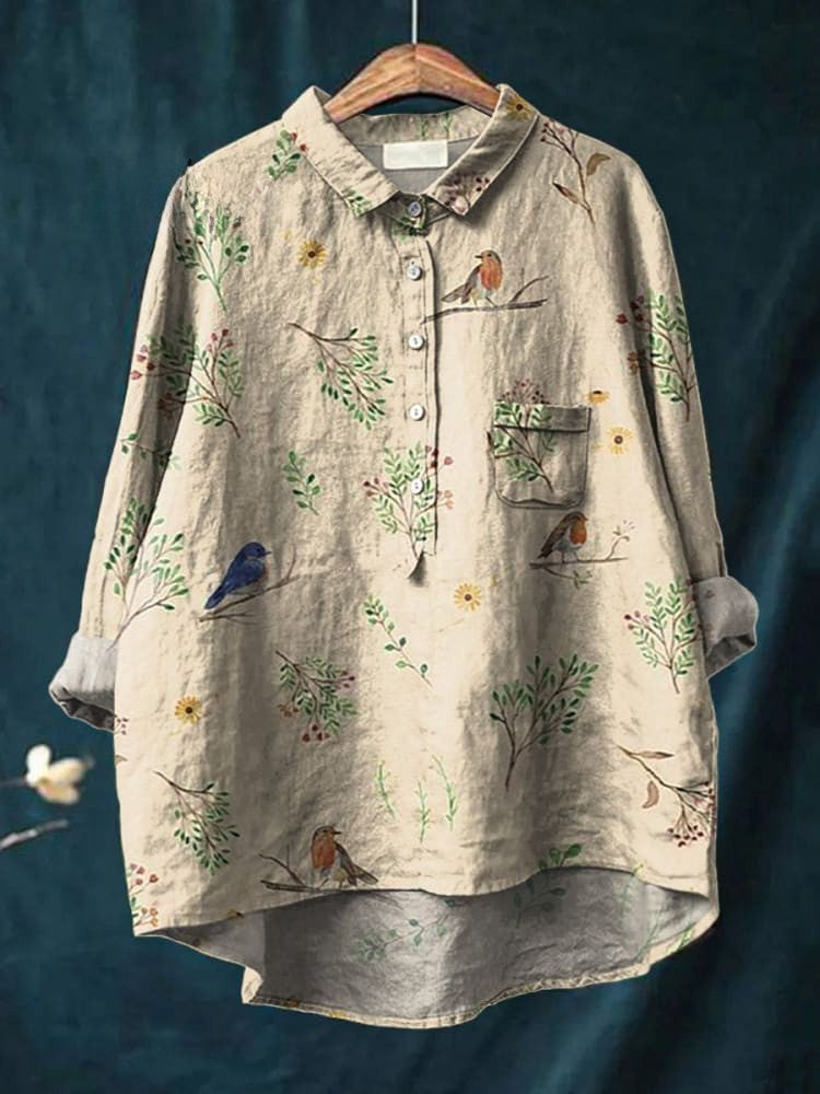 Boughs And Robin Birds Pattern Printed Women's Casual  Linen Shirt