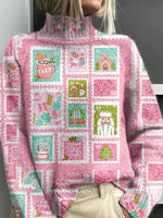 Women's Christmas Stamp Art Print Knitted Turtleneck Pullover Sweater