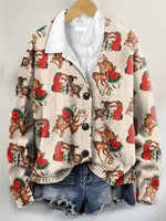 Vintage Christmas Art Print Buttoned V-neck Cardigan Sweater