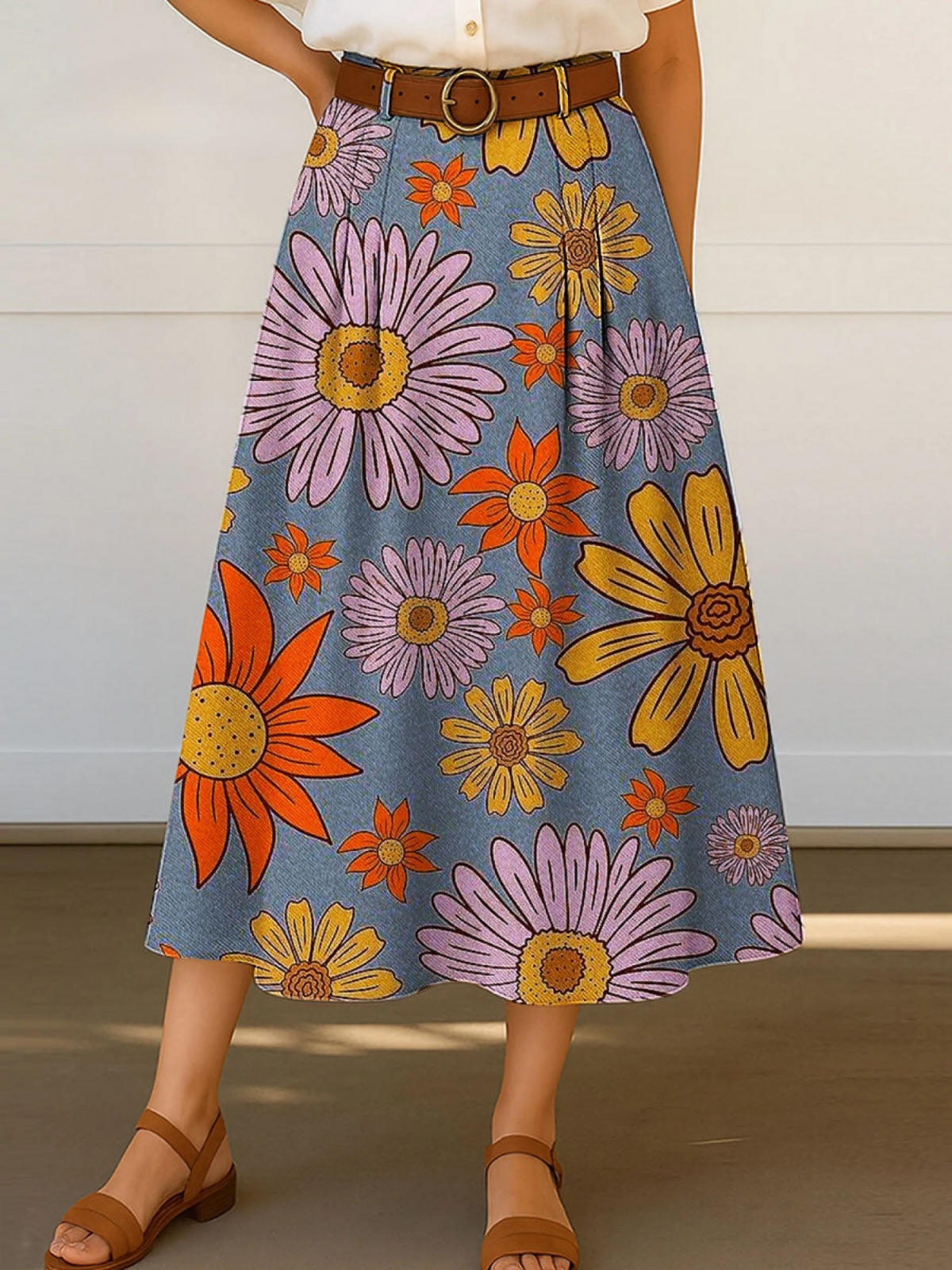 Women's Retro Floral Flowers Print High Waist Casual A-Line Skirt