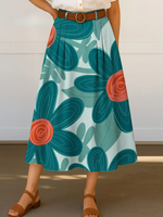 Women's Retro Floral Flowers Print High Waist Casual A-Line Skirt