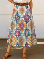 Women's Retro Floral Flowers Print High Waist Casual A-Line Skirt