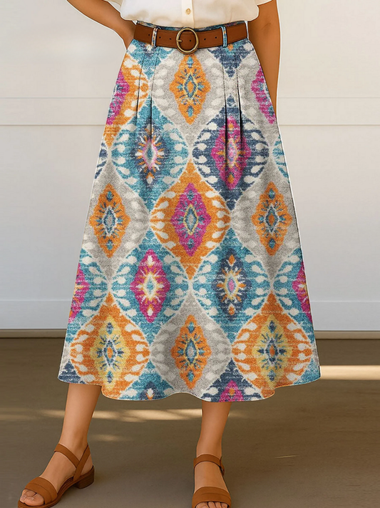 Women's Retro Floral Flowers Print High Waist Casual A-Line Skirt