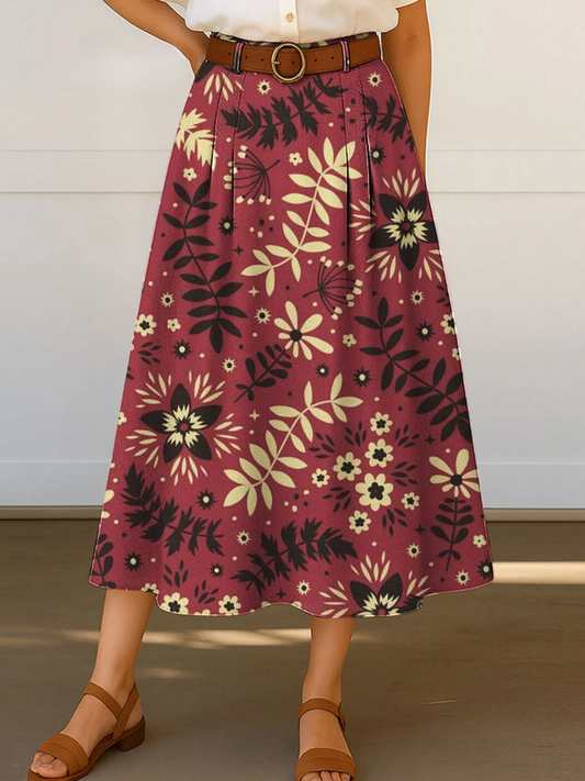 Women's Retro Floral Flowers Print High Waist Casual A-Line Skirt