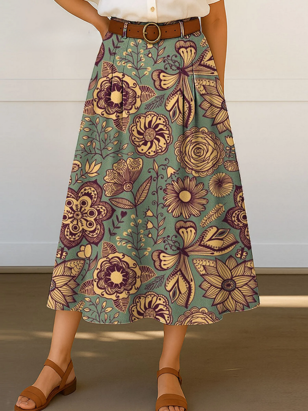 Women's Retro Floral Flowers Print High Waist Casual A-Line Skirt