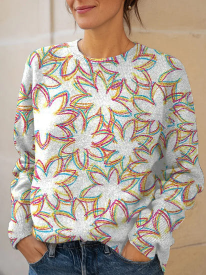 Vintage Flower Art Print Knit Pullover Sweater