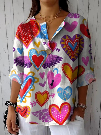 Heart Art Printed Women's Casual Cotton And Linen Shirt