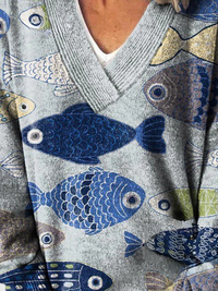 Lovely Fish Art Print Knit V-neck Pullover Sweater