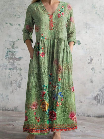 Women's Vintage Floral Print Casual Cotton Dress