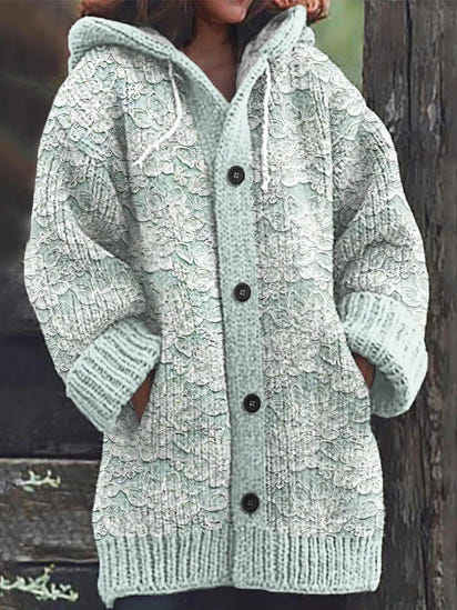 Vintage Lace Flowers Print Knitted Hooded Cardigan
