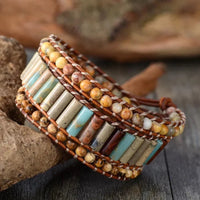 Natural Jasper & Sunflower Charm Leather Wrap Bracelet