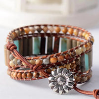 Natural Jasper & Sunflower Charm Leather Wrap Bracelet