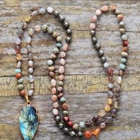 Handmade Natural Strawberry Quartz & Pyrite Necklace with Labradorite Pendant
