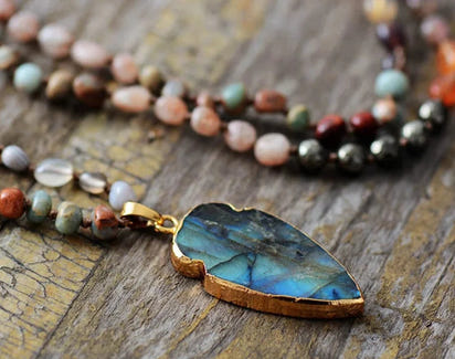 Handmade Natural Strawberry Quartz & Pyrite Necklace with Labradorite Pendant