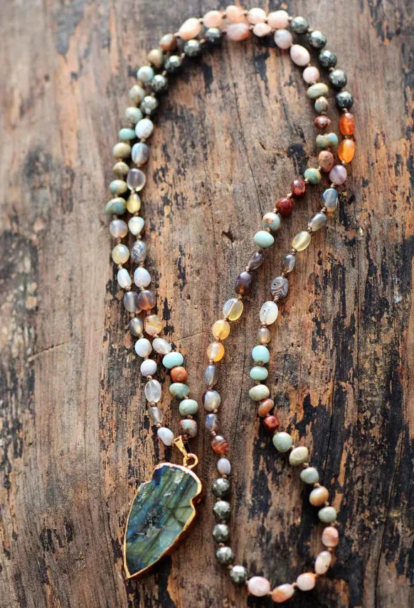 Handmade Natural Strawberry Quartz & Pyrite Necklace with Labradorite Pendant