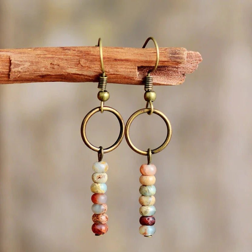 Vintage Natural Jasper Stone Ethnic Circle Earrings