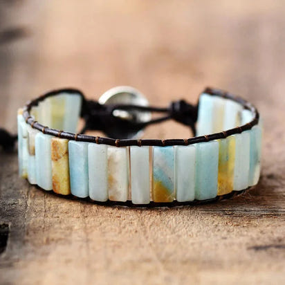 Natural Amazonite Stone & Leather Tree Of Life Bracelet