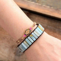 Natural Amazonite Stone & Leather Tree Of Life Bracelet