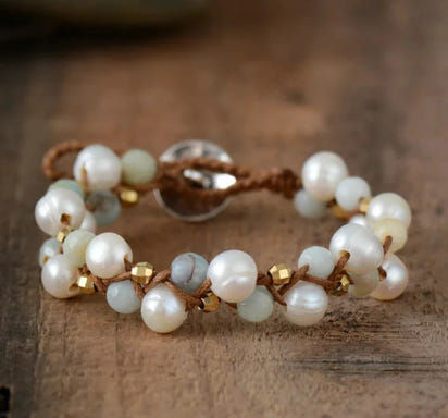 Natural Freshwater Pearl & Amazonite Wrap Bracelet
