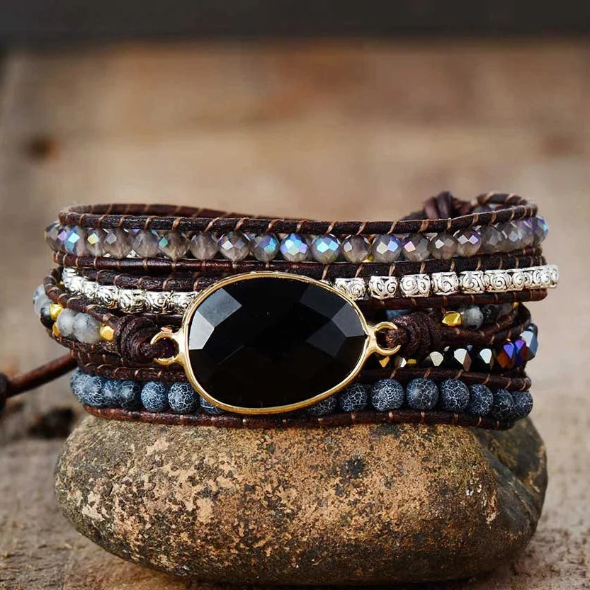 Natural Black Onyx Beaded Wrap Bracelet