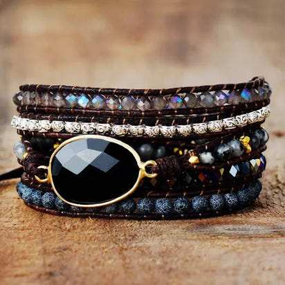 Natural Black Onyx Beaded Wrap Bracelet