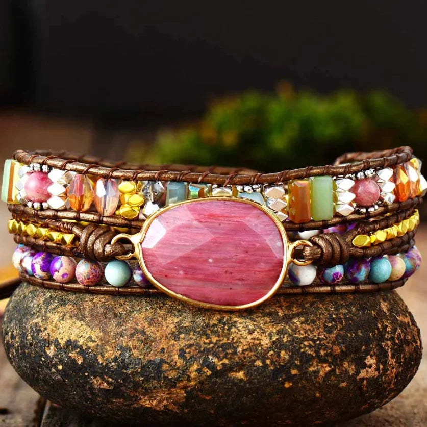 Natural Rhodonite & Jasper Wrap Bracelet
