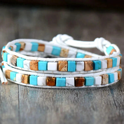 Natural Jasper Semi-Precious Stone Two Layer Leather Bracelet - 6 Colours