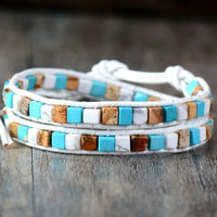 Natural Jasper Semi-Precious Stone Two Layer Leather Bracelet - 6 Colours