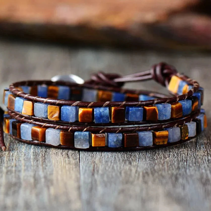Natural Jasper Semi-Precious Stone Two Layer Leather Bracelet - 6 Colours