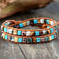 Natural Jasper Semi-Precious Stone Two Layer Leather Bracelet - 6 Colours