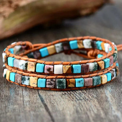 Natural Jasper Semi-Precious Stone Two Layer Leather Bracelet - 6 Colours