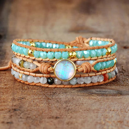 Handmade Clear Quartz & Opal Rhinestone Wrap Bracelet