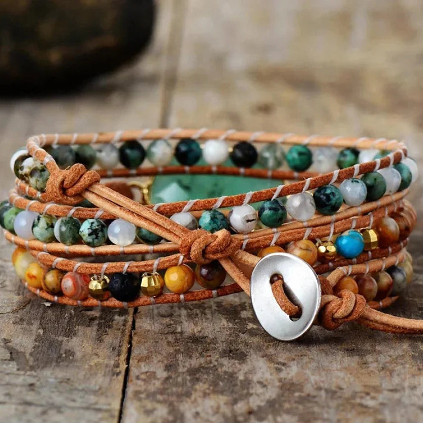 Natural Green Jade Jasper and Moss Agate Wrap Bracelet