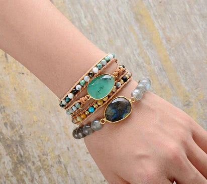 Natural Green Jade Jasper and Moss Agate Wrap Bracelet