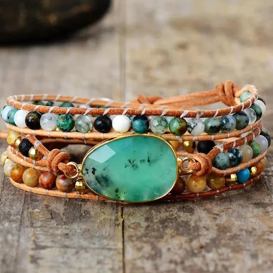 Natural Green Jade Jasper and Moss Agate Wrap Bracelet